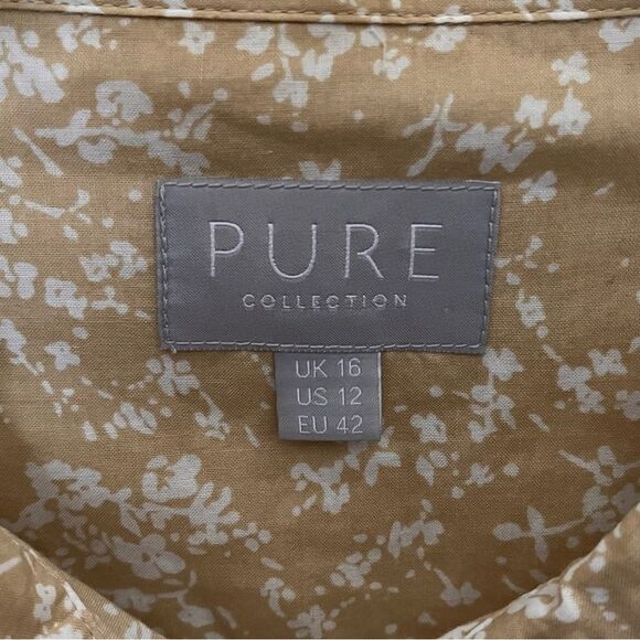 Pure Collection Cotton Tan/White Floral Long Sleeve Button Front Shirt Size 12 - Picture 3 of 9
